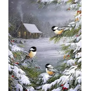 Figured'Art Peinture par Numéro Adulte Trois Oiseaux sous la Neige - Activité Manuelle Kit de Loisir Créatif DIY Numéro d'Art Complet - 40x50cm sans châssis en bois pas cher
