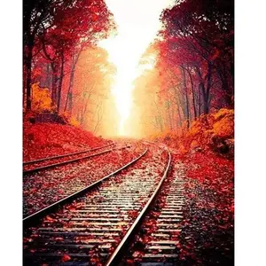 Figured'Art Peinture par Numéro Adulte Les Rails en Automne - Activité Manuelle Kit de Loisir Créatif DIY Numéro d'Art Complet - 40x50cm sans châssis en bois pas cher