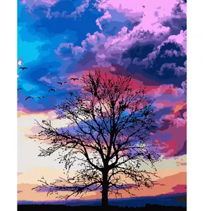 Figured'Art Peinture au numéro : Arbre et couleurs du ciel  - sans châssis en bois pas cher
