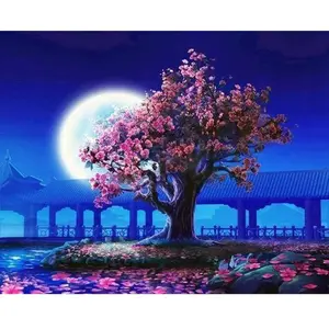 Figured'Art Peinture par Numéro Adulte Arbre et grande Lune - Activité Manuelle Kit de Loisir Créatif DIY Numéro d'Art Complet - 40x50cm sans châssis en bois pas cher