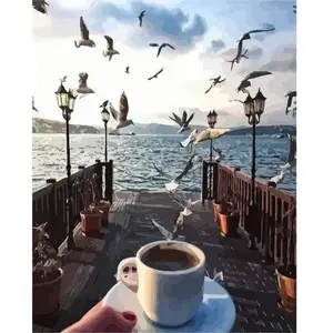 Figured'Art Peinture par Numéro Adulte Café et Mouettes au bord de l'eau - Kit DIY Numéro d'Art - 40x50cm sans châssis pas cher