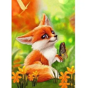 Figured'Art Broderie diamant : Petit Renard et Papillon  - toile tendu...