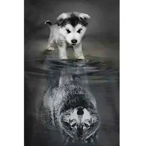 Figured’Art Diamond Painting Broderie Diamant 40x50cm Avec Cadre Toile Tendue Strass Perles Carrés - Chien et Reflet de Loup
