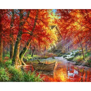 Figured'Art Peinture par Numéro Adulte Rivière d'Automne et barque - Kit de Loisir Créatif DIY Numéro d'Art - 40x50cm sans châssis pas cher