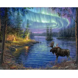 Figured'Art Peinture par Numéro Adulte Elan et aurore boréale - Activité Manuelle Kit de Loisir Créatif DIY Numéro d'Art Complet - 40x50cm sans châssis en bois pas cher