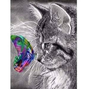 Figured’Art Diamond Painting Broderie Diamant 40x50cm Toile Entière Roulée avec Strass Perles Carrés - Chat et Papillon coloré