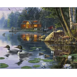 Figured'Art Peinture au numéro : Chalet au bord du lac - sans châssis en bois pas cher