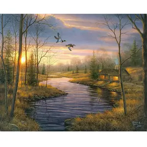 Figured'Art Peinture par Numéro Adulte Maison de campagne au crepuscule - Activité Manuelle Kit de Loisir Créatif DIY Numéro d'Art Complet - 40x50cm sans châssis en bois pas cher