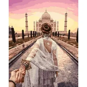 Figured'Art Peinture par Numéro Adulte avec cadre Balade Romantique Taj Mahal - Numéro d'Art - 40x50cm toile tendue sur châssis pas cher