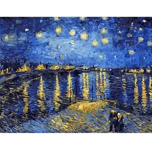 Figured'Art Peinture par Numéro Adulte avec Cadre Van Gogh Nuit Etoilée sur le Rhône - Activité Manuelle Kit de Loisir Créatif DIY Numéro d'Art Complet - 40x50cm toile tendue sur châssis