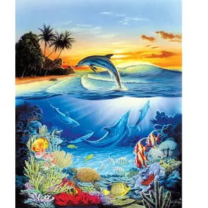 Figured'Art Peinture par Numéro Adulte Dauphins dans le lagon - Activité Manuelle Kit de Loisir Créatif DIY Numéro d'Art Complet - 40x50cm sans châssis en bois pas cher