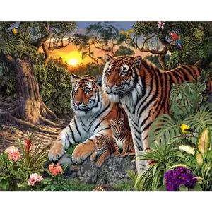 Figured'Art Peinture par Numéro Adulte Famille de Tigre - Activité Manuelle Kit de Loisir Créatif DIY Numéro d'Art Complet - 40x50cm sans châssis en bois pas cher