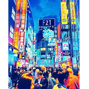 Figured'Art Peinture par Numéro Adulte Tokyo Shibuya - Activité Manuelle Kit de Loisir Créatif DIY Numéro d'Art Complet - 40x50cm sans châssis en bois pas cher