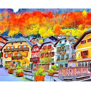 Figured'Art Peinture par Numéro Adulte Village Suisse coloré - Activité Manuelle Kit de Loisir Créatif DIY Numéro d'Art Complet - 40x50cm sans châssis en bois pas cher