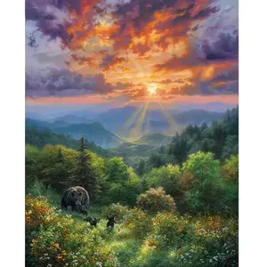 Figured'Art Peinture par Numéro Adulte Ours et coucher de soleil - Activité Manuelle Kit de Loisir Créatif DIY Numéro d'Art Complet - 40x50cm sans châssis en bois
