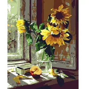 Figured'Art Peinture par Numéro Adulte Tournesols et Pomme devant la Fenêtre - Activité Manuelle Kit de Loisir Créatif DIY Numéro d'Art Complet - 40x50cm sans châssis en bois
