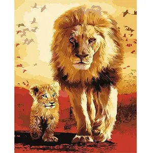 Figured'Art Peinture par Numéro Adulte Lion et son Petit - Activité Manuelle Kit de Loisir Créatif DIY Numéro d'Art Complet - 40x50cm sans châssis en bois pas cher