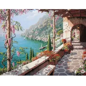 Figured'Art Peinture par Numéro Adulte Vue Mer depuis le Patio - Activité Manuelle Kit de Loisir Créatif DIY Numéro d'Art Complet - 40x50cm sans châssis en bois pas cher