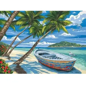 Figured'Art Peinture par Numéro Adulte Barque sous les Cocotiers - Kit de Loisir Créatif DIY Numéro d'Art - 40x50cm sans châssis pas cher