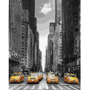 Figured'Art Peinture par Numéro Adulte Ville Moderne et Taxis Jaunes - Activité Manuelle Kit de Loisir Créatif DIY Numéro d'Art Complet - 40x50cm sans châssis en bois pas cher