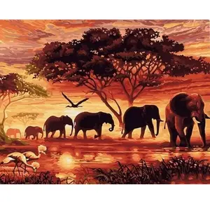 Figured'Art Peinture par Numéro Adulte Eléphants au Coucher du soleil - Activité Manuelle Kit de Loisir Créatif DIY Numéro d'Art Complet - 40x50cm sans châssis en bois pas cher