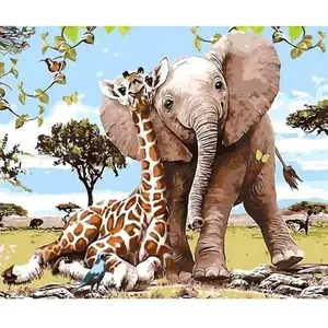 Figured'Art Peinture par Numéro Adulte Amis Eléphant & Girafe - Activité Manuelle Kit de Loisir Créatif DIY Numéro d'Art Complet - 40x50cm sans châssis en bois pas cher