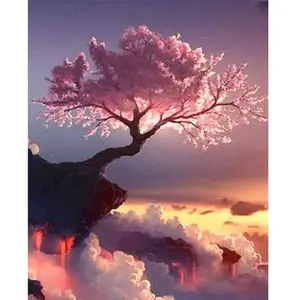 Figured'Art Peinture par Numéro Adulte Arbre rose et Nuages - Kit de Loisir Créatif DIY Numéro d'Art - 40x50cm sans châssis