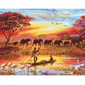 Figured'Art Peinture au numéro : Coucher de soleil Eléphants - toile ... pas cher