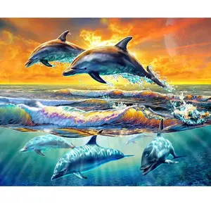 Figured'Art Peinture par Numéro Adulte avec cadre Aube de Dauphins - Kit DIY Numéro d'Art - 40x50cm toile tendue sur châssis pas cher