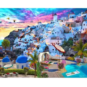 Figured'Art Peinture par Numéro Adulte avec Cadre Paysage de Grèce - Activité Manuelle Kit de Loisir Créatif DIY Numéro d'Art Complet - 40x50cm toile tendue sur châssis