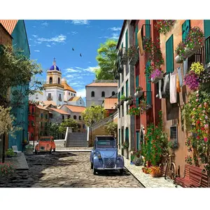 Figured'Art Peinture par Numéro Adulte Ruelle et 2 CV - Activité Manuelle Kit de Loisir Créatif DIY Numéro d'art Complet - 40x50cm sans châssis en Bois pas cher