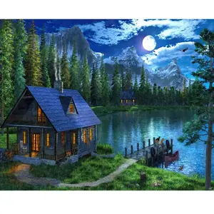 Figured'Art Peinture par Numéro Adulte Lac nocturne - Activité Manuelle Kit de Loisir Créatif DIY Numéro d'art Complet - 40x50cm sans châssis en Bois pas cher