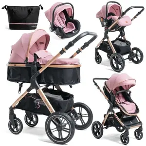 BEBELISSIMO - Poussette combinée trio 3 en 1 - siège auto 0m   nacelle   dès la naissance   jusqu’à 22kg   Premium - rose