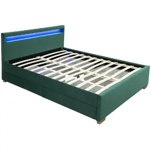 Comparateur de prix : CONCEPT USINE ENFIELD - Structure de lit en velours vert avec rangements et LED intégrées - 140x190 cm