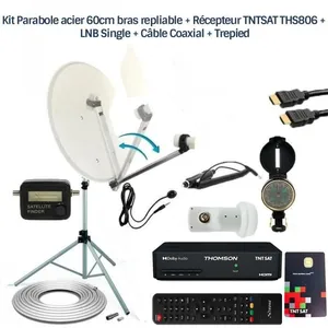 OEM Kit Parabole acier 60cm bras repliable + Récepteur TNTSAT THS806 + LNB Single + Câble Coaxial + Trepied pas cher