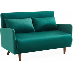 SWEEEK Canapé convertible en velours - Panam - 2 places scandinave. pieds bois foncé. vert. banquette. dossier inclinable pas cher