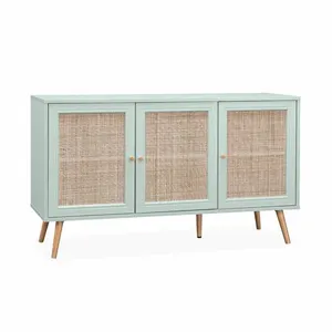 SWEEEK Buffet de rangement en cannage vert céladon 120x39x70cm - Bohème - 2 niveaux. 3 portes. pieds scandinaves pas cher