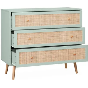 Comparateur de prix : SWEEEK Commode en décor bois vert céladon et cannage 90x39x79cm - Bohème - 3 tiroirs