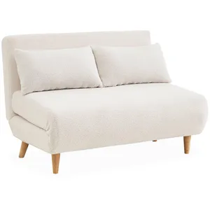 SWEEEK Canapé convertible en tissu bouclettes blanches- Guesta - 2 places scandinave. pieds bois foncé. banquette. dossier inclinable pas cher