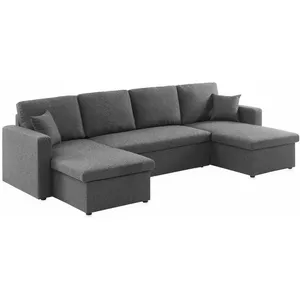 SWEEEK Canapé panoramique convertible en tissu gris foncé 4 places coffre rangement lit modulable