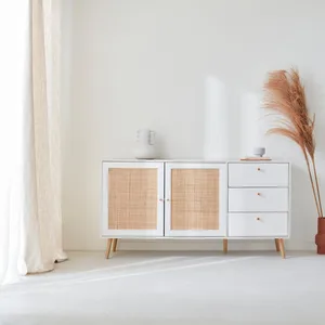 Comparateur de prix : SWEEEK Buffet de rangement blanc en cannage 2 portes 3 tiroirs l150 x l39 x h79cm - bohème