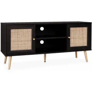 SWEEEK Meuble TV en cannage 120x39x565cm - Bohème - Noir 2 niveaux 2 étagères 2 portes pieds scandinaves pas cher