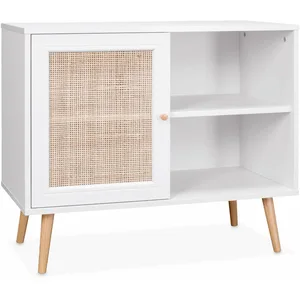 SWEEEK Meuble de rangement en cannage 80x39x65.8cm Bohème - Blanc - 2 niveaux - 1 porte - pieds scandinaves