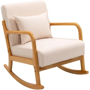 3S. x Home Rocking chair en bois massif et en tissu de couleur beige pas cher