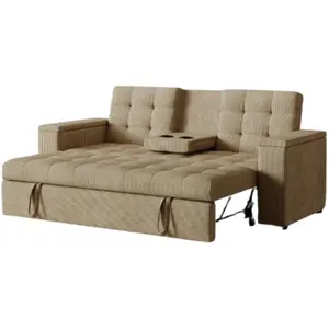 CONCEPT USINE NOHO - Canapé 3 places convertible avec tablette centrale et accoudoirs amovibles beige velours côtelé pas cher