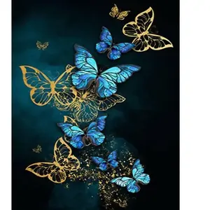 Figured'Art Peinture par Numéro Adulte Papillons féériques bleus et dorés - Kit DIY Numéro d'Art - 40x50cm sans châssis pas cher