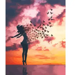 Figured'Art Peinture par Numéro Adulte Femme et oiseaux au lever du jour - Activité Manuelle Kit de Loisir Créatif DIY Numéro d'Art Complet - 40x50cm sans châssis en bois pas cher