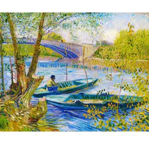 Figured'Art Peinture par Numéro Adulte La pêche au Printemps Pont de Clichy - Van Gogh - Activité Manuelle Kit de Loisir Créatif DIY Numéro d'Art Complet - 40x50cm sans châssis en bois pas cher