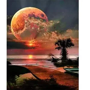 Figured'Art Peinture par Numéro Adulte Ponton et grosse lune - Activité Manuelle Kit de Loisir Créatif DIY Numéro d'Art Complet - 40x50cm sans châssis en bois pas cher