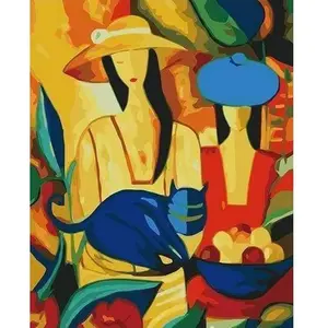 Figured'Art Peinture par Numéro Adulte avec cadre Femmes et Chat bleu - Kit DIY Numéro d'Art - 40x50cm toile tendue sur châssis